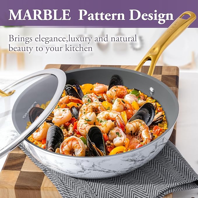 ONGIFT Frying Pan Nonstick, 10 Inch Skillet Easy to Clean, Kitchen Fry Pan without PTFE & PFOA, Compatible with All Stovetops, Lightweight and Durable, Marble White