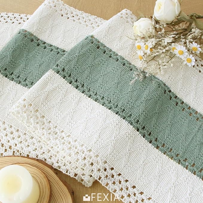 FEXIA Sage Green Table Runner 72 Inches Long with Tassels Boho for Easter Decor Macrame Farmhouse Table Runners for Home Decor Party Bohemian Rustic Bridal Shower Dining Decorations(12x72 Inches)