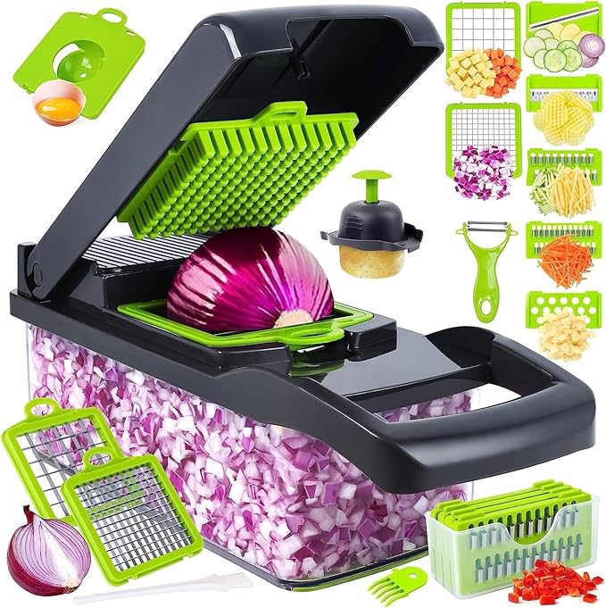16-in-1 Vegetable Chopper Mandoline Slicer Set - Onion Dicer, Cheese Grater, Veggie Chopper with Container, 7 Stainless Steel Blades + Free Egg Yolk Separator - Kitchen Essential