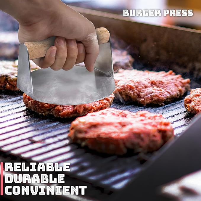 Stainless Steel Smash Burger Press Kit, Hamburger, Bacon, Steak, and Meat Smasher Tool for Blackstone, Grill and Griddle, Flat Top Patty Maker with Patty Papers
