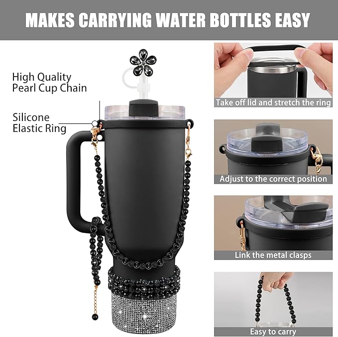 9PCS Black of Stanley Cup Accessories Set 30/40 OZ Bling Pearl Rhinestones Charms for Stanley Decorations Tumbler Accessories Including Flower Straw Topper, Rhinestones Boot 30/40 OZ