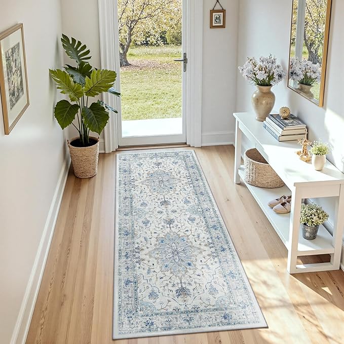 Area Rugs 3'x8' Runner Rug Non Slip Washable for Kitchen Hallway Bedroom Beside Laundry Room Bathroom Rug, Floor Carpet, Light Blue Navy Beige Gray White