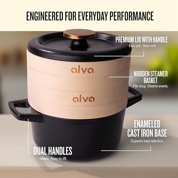 Alva Nori 2.5-Qt Enameled Cast Iron Dutch Oven Steamer Set – Made With No PTFE/PFOA/PFAS, Oven & Induction Safe – 3-Layer Enamel, No Seasoning Needed – Durable, Easy-Clean Cocotte with 2 Steamer Inserts