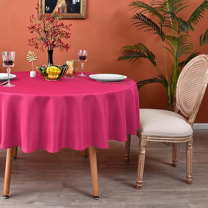 MEANMOY Hot Pink 210 GSM Water & Stain Resistant Round Tablecloth for Circle Table - Solid 90 Inch Fuchsia Table Cloth Cover in Wrinkle Free Durable Washable Polyester Fabric for Party, Banquet