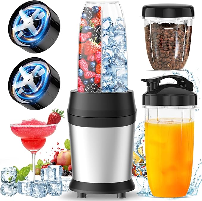 Colarlemo 12-Piece Smoothie Blender Maker 25,000 RPM Personal Blender for Ice Crushing Smoothies & Frozen Drinks Nuts with 23oz, 32oz, 37oz Portable Cups Two 6-Leaf Stainless Steel Blades, Silver