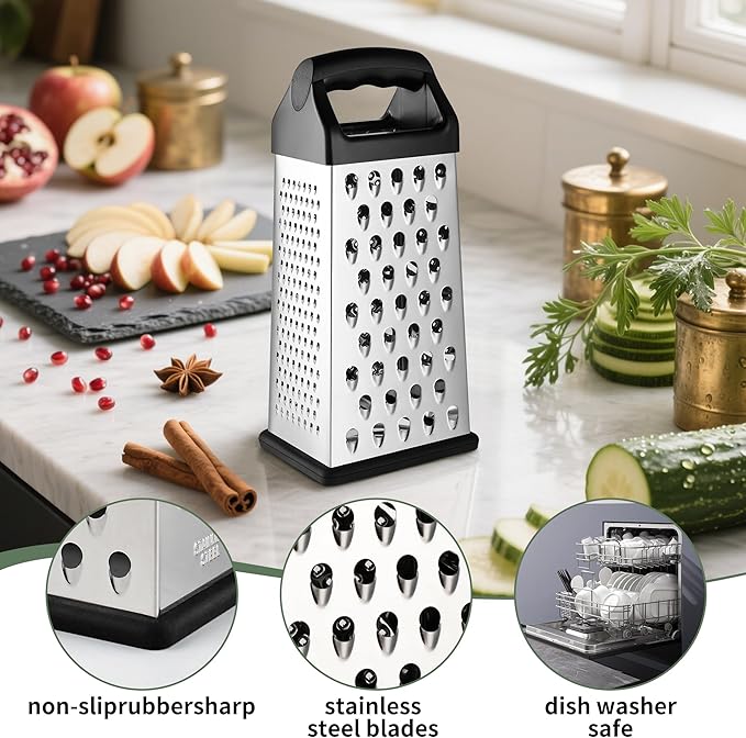 Cheese Grater, 9 IN Size 4-Sided Stainless Steel Grater, Food Shredder for Cheese, Parmesan, Vegetable, Dishwasher Safe, Black
