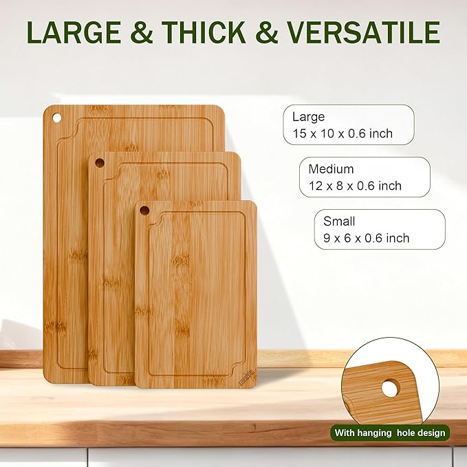 Azaeahom Bamboo Cutting Boards for kitchen, Wood Cutting Board with Juice Grooves & Built-in Handles, Large Medium Small Chopping Board for Meat, Vegetables