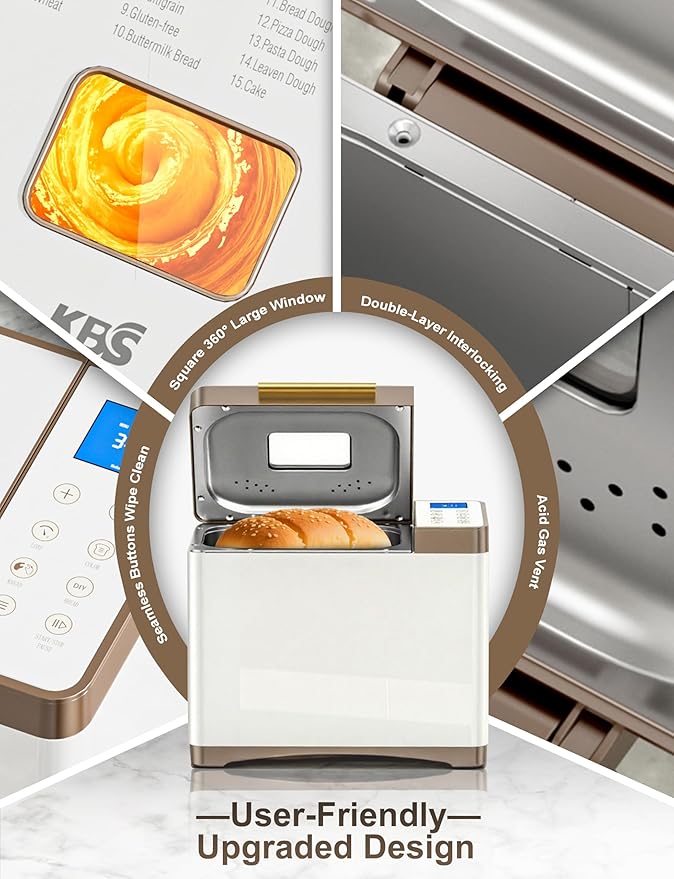 KBS 20-IN-1 Bread Maker with Custom Program, 650W Bread Machine with Nonstick Ceramic Pan & Paddle, 2LB Stainless Steel Bread Maker Machine, Polish Bread, Gluten-Free, Touch Panel, 15H Timer, 3 Colors