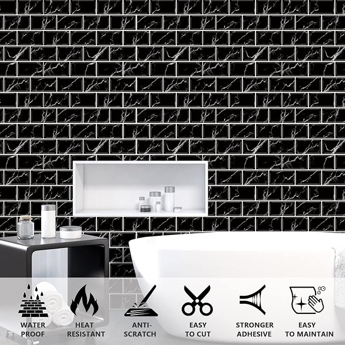 URCOLOR 10-Sheet Back Splashes for Kitchens Peel and Stick,12"x12" Self Adhesive Subway Wall Tiles Stick on backsplash Tiles for Bathroom Black Marble