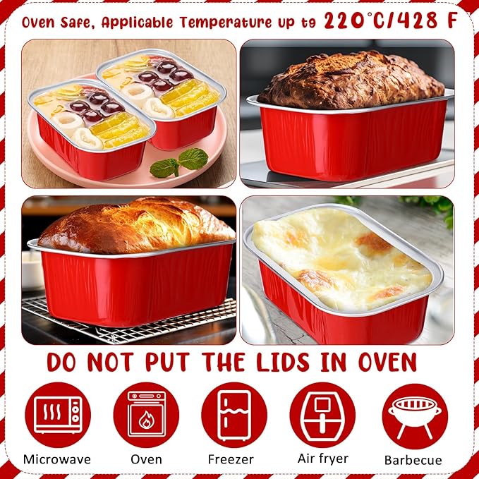 Vesici 100 Sets Mini Loaf Pans with Lids, 5.7 oz Disposable Aluminum Foil Baking Cups, Rectangle Cake Pans for Pudding Desserts Muffin Baking Storage Valentines Wedding Birthday Party(Red)