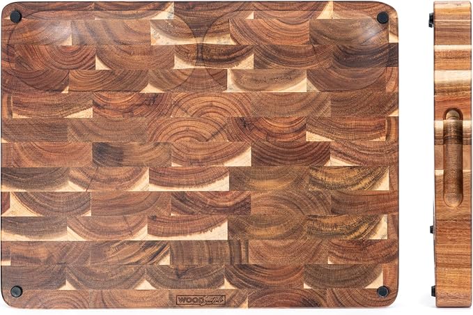 WoodSentials Evergreen End Grain Cutting Board for Kitchen - Large Heavy Duty 16x12.4x1.5" Acacia Wood Butcher Block with Feet - Reversible Charcuterie Meat & Cheese Board - Chef Quality Gift in Box