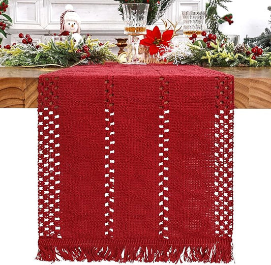 Alynsehom Macrame Table Runner Christmas Red Boho Table Runners with Tassels Hand Woven Cotton Table Runner Rustic Farmhouse Table Runners for Xmas Kitchen Dining Table(12x71in)