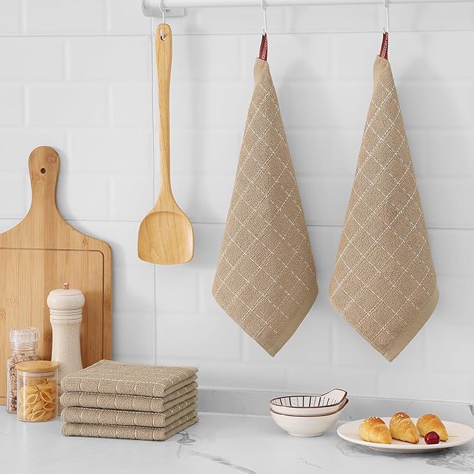 Mordimy 100% Cotton Terry Cloth Dish Cloths, Soft and Absorbent Checkered Dish Towels, Quick Drying Dish Rags for Washing Dishes, 8 Pack, 12 x 12 Inches, Tan