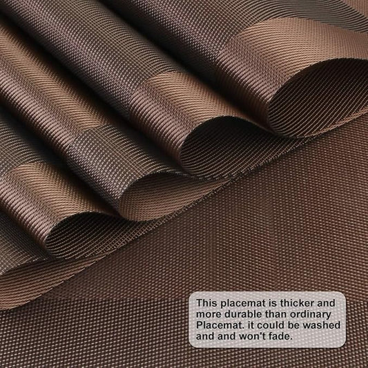 DACHUI Placemats, Heat-Resistant Placemats Stain Resistant Anti-Skid Washable PVC Table Mats Woven Vinyl (8pcs, Brown-Cross)