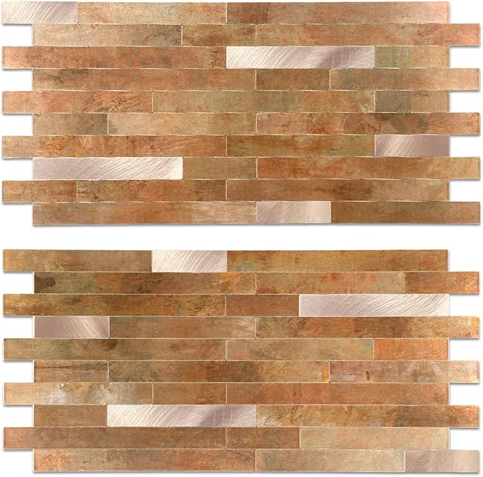 Yipscazo 10 Sheets PVC Wall Tiles Stick on Tiles for Backsplash Kitchen, Bathroom, Laundry Room, Camper, Fireplace (6'' X 12'', Copper Metal)