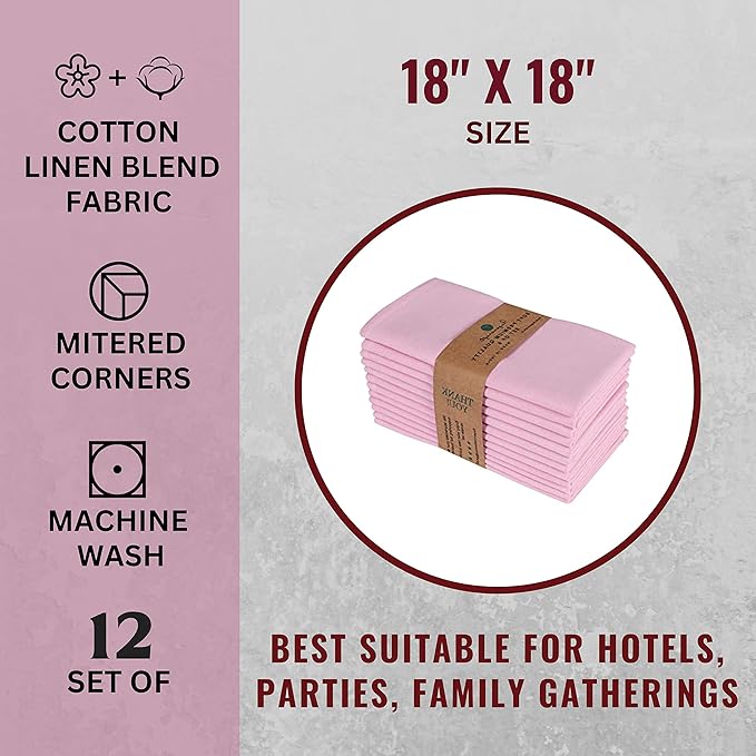 FINGERCRAFT Cloth Dinner Napkins Cotton Linen Fabric Soft Set of 12 Plain Reusable Washable for Dining Party Table Decoration 18x18 Inch Pink Lady