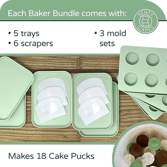 Benty Cakes – The Original CakePuck Baker Bundle – Better than a Cake Pop! Make Chocolate Covered Dessert – BPA Free Silicone – Includes 3 Mold Sets + 5 Trays + 6 Scrapers – Green