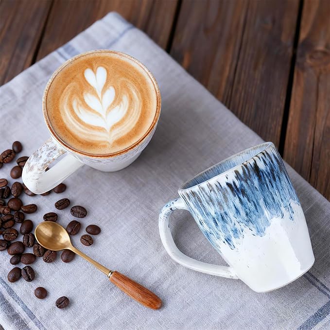 Coffee Mug Set of 2, Hand-Painted Stoneware Coffee Mugs with Modern Design, 17oz Ceramic Cups with Comfort Grip, Ombre and Speckled Glaze, Dishwasher Safe