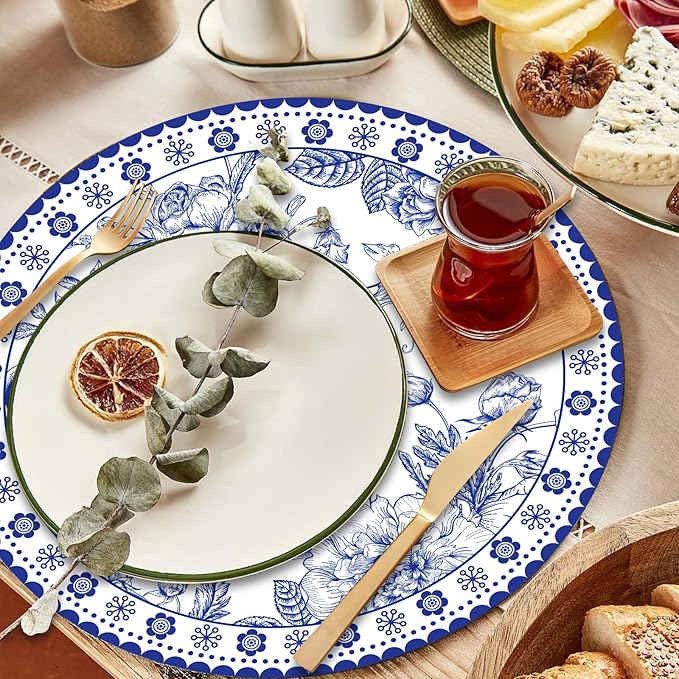 50 Pcs 14 Inch Blue Floral Paper Place Mats Chinoiserie Round Placemats Flower Disposable Decorative Table Mats for Dinner Table Setting Banquet Party Supplies