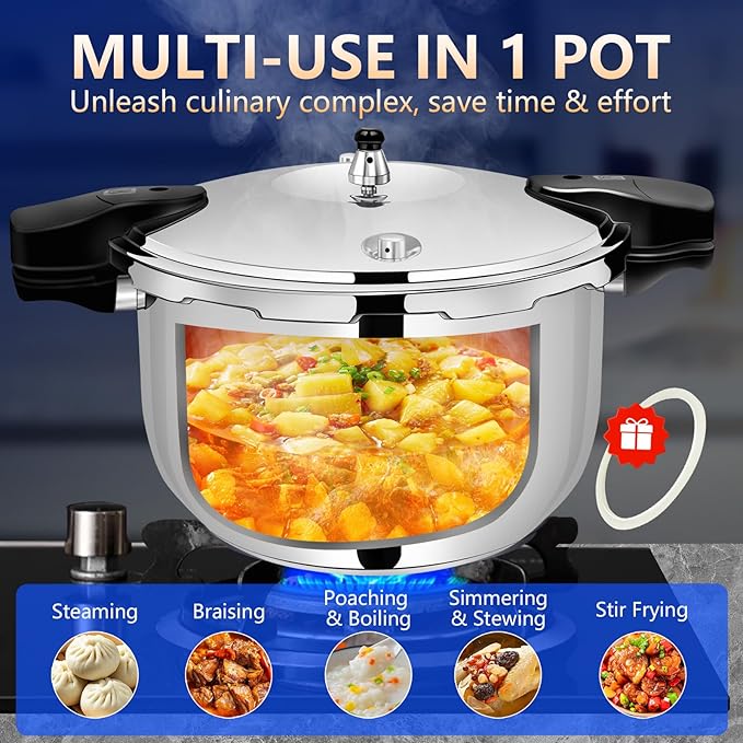 Stainless Steel Pressure Cooker, Peterboo 12 Quart Induction Compatible Thickened Pressure Cooker with Spring Valve Safeguard Devices, Compatible with Gas & Induction Cooker 12+ qt large