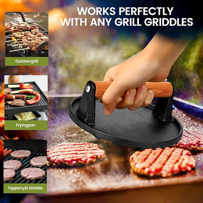 Whaleme Blackstone Burger Press Set - 7" Round Smash Burger Press & 8"x4" Rectangle Cast Iron Grill Press with Wooden Handle - Smasher is Perfect for Blackstone Griddle, Pitboss Weber Griddle Grills
