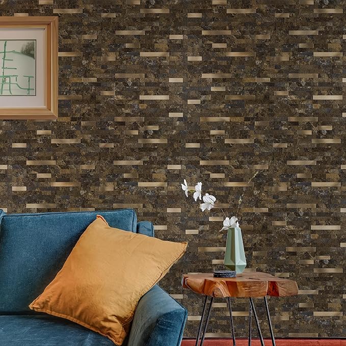 20 Sheets Peel and Stick Backsplash for Kitchen, Rust Slate with Metal Gold Look Stick on Tile Upgrade Your Kitchen Backsplash, RV, Fireplace