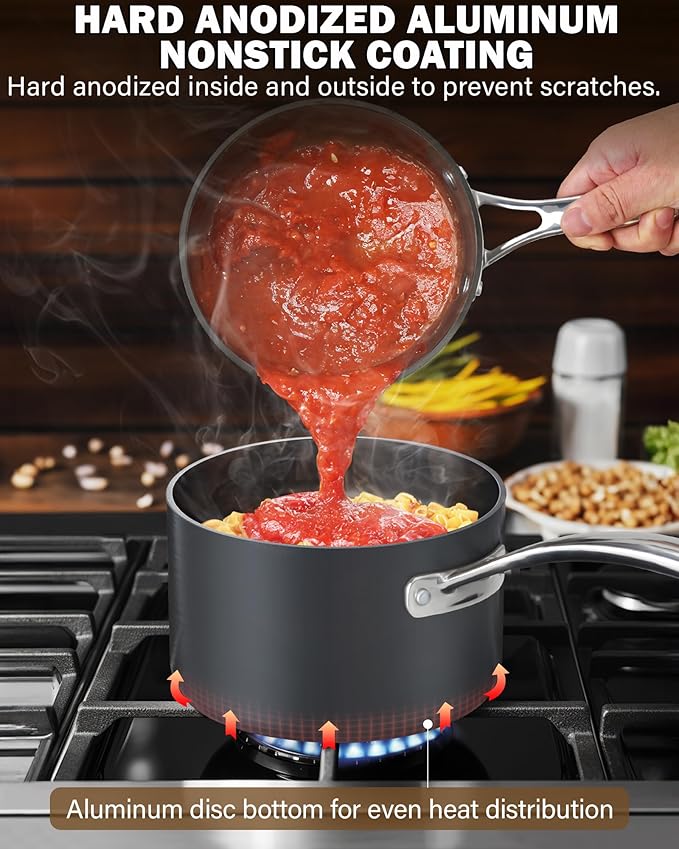 Cooks Standard Nonstick Sauce Pan Set, 1Qt & 2Qt Hard Anodized Saucepans with Lid Cooking Pots, Oven Safe, Easy to Clean, Black