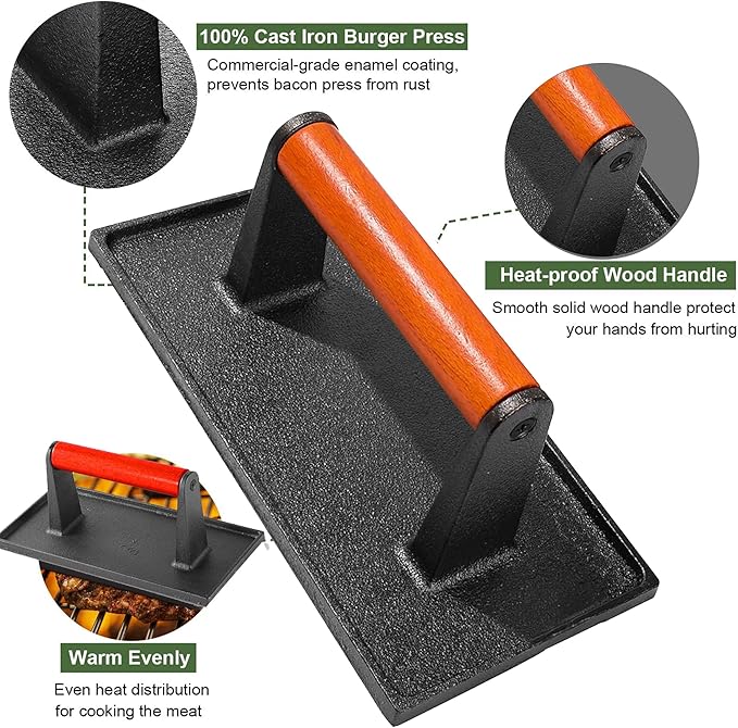 Burger Press with Professional Heavy Duty Cast Iron for Blackstone Griddle Grill,Smashburger, Bacon, Ground Beef Meat, Steak, Sausage, Sandwich Cooking, 8.6x4.3 inch Rectangle