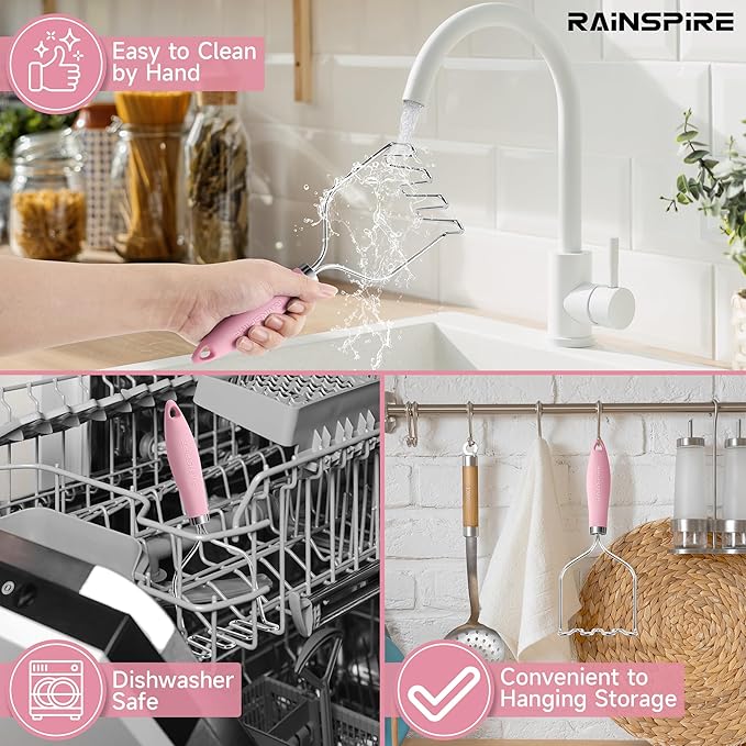Rainspire Potato Masher Stainless Steel, Mashed Potato Masher Kitchen Tool, Durable Mash Potatoes Masher, Soft Non-slip Handle, Kitchen Utensils, Kitchen Gadgets, Pink