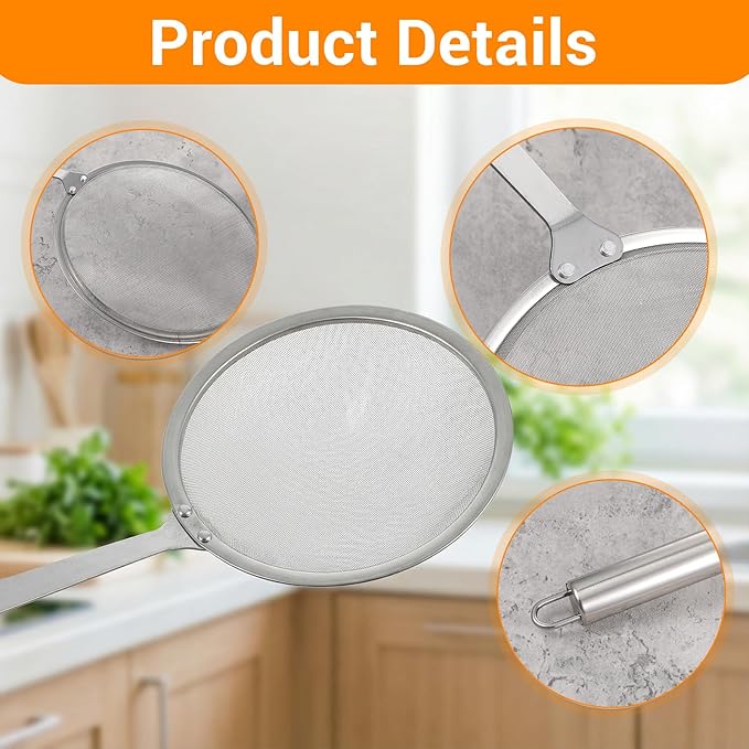 2 Pcs Stainless Steel Strainers Fine Mesh Colander with Handle 2025 Upgrade Extra Fine Mesh Strainers for Cooking Skimmer Spoon Filte Grease Foam Oil Filter Food Strainer Kitchen Gadgets (Small+Large)