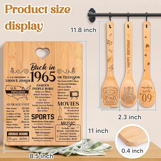 60th Birthday Gifts for Her Him - "Back in 1965" 60th Birthday Gifts for Women Cutting Board, Bamboo-Made Engraved "Year 1965 News" 60th Birthday Gifts