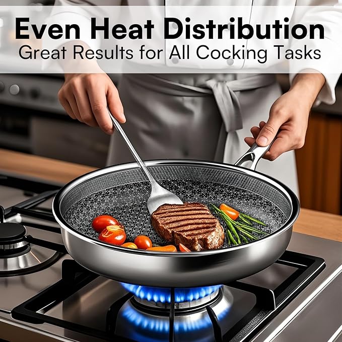 KURRUNGIE Non Stick Frying Pans Set with 3 Lid, Non-Toxic Hybrid Pans Set Nonstick (8+10+12inch),Pan for cooking, nonStick Cookware, Dishwasher and Oven-Safe Cookware Sets, Stainless Steel Skillets