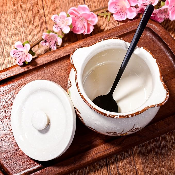 Ceramic Sugar Bowl with Lid and Spoon, Porcelain Sugar Container for Coffee Bar, Kitchen Countertop, Japanese Style Sugar Holder Sugar Pot for Salt Creamer, Dishwasher Safe (ny)