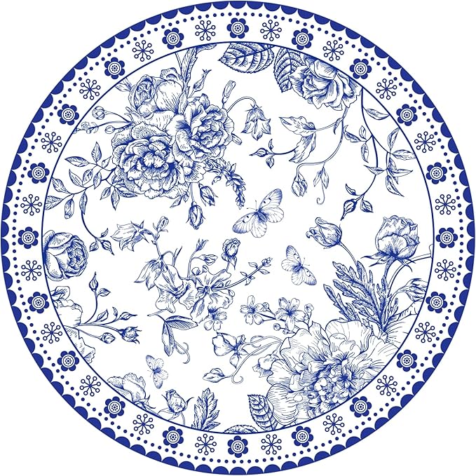 50 Pcs 14 Inch Blue Floral Paper Place Mats Chinoiserie Round Placemats Flower Disposable Decorative Table Mats for Dinner Table Setting Banquet Party Supplies