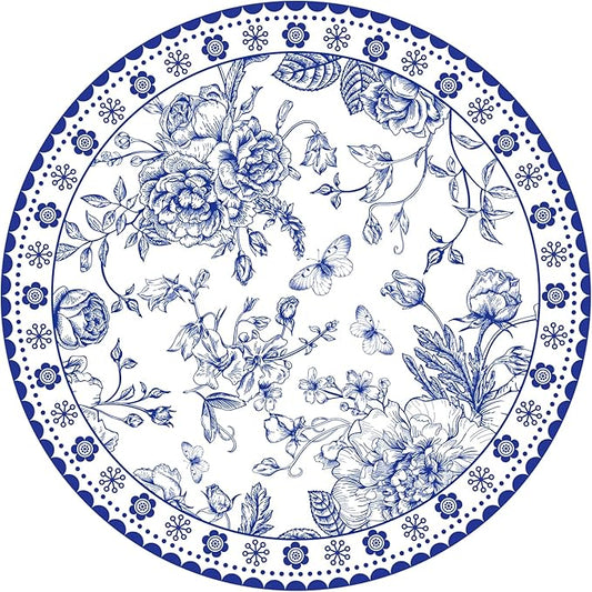 50 Pcs 14 Inch Blue Floral Paper Place Mats Chinoiserie Round Placemats Flower Disposable Decorative Table Mats for Dinner Table Setting Banquet Party Supplies