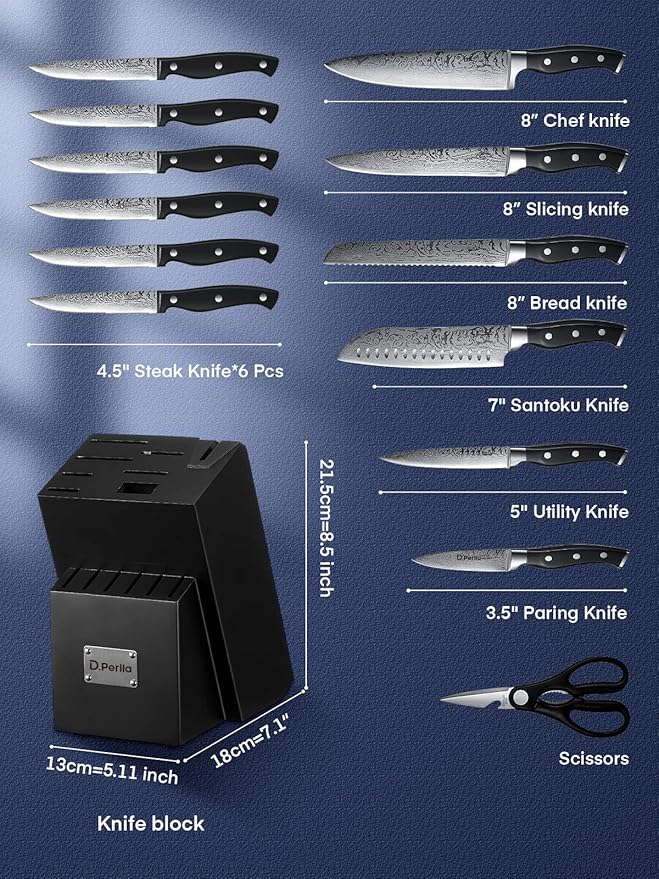 Knife Set, D.Perlla 15 Pieces Kitchen Knife Set with Built-in Sharpener, High Carbon Stainless Steel Knife Block Set with Unique Waved Pattern, Triple Riveted Ergonomic Handle, Black