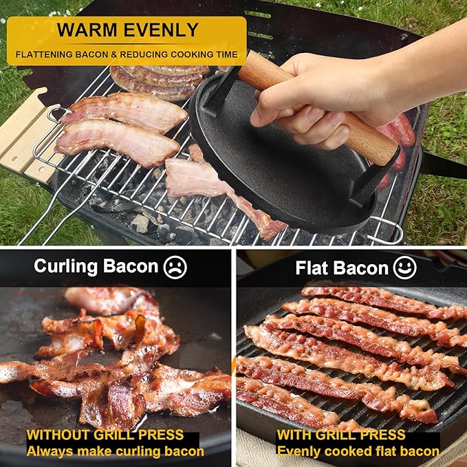 AIVIKI Burger Press, Smash Burger Press for Blackstone Griddle, Heavy Duty Cast Iron Rectangular 8.2x4.2In Bacon Grill Press with Wood Handle, Meat Steak Weight for Sandwich, Paninis (Rectangle)