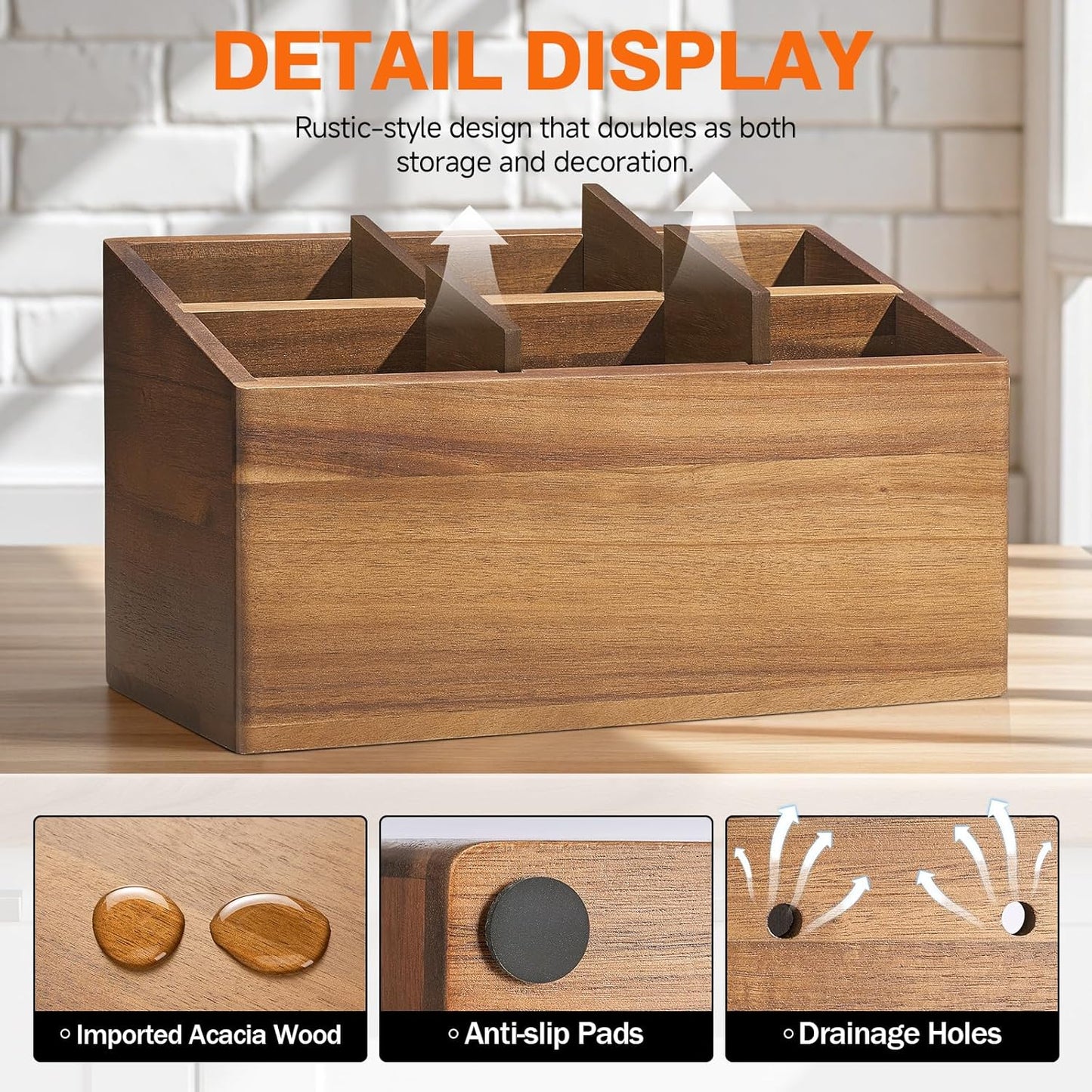 Wooden Utensil Holder Counter, Kitchen Utensil Organizer Large 6 Compartment Cooking Utensils Holder, Acacia Rustic Wood Farmhouse Storage Container Crocks for Silverware and Cooker Set Visit the ONEARF Store