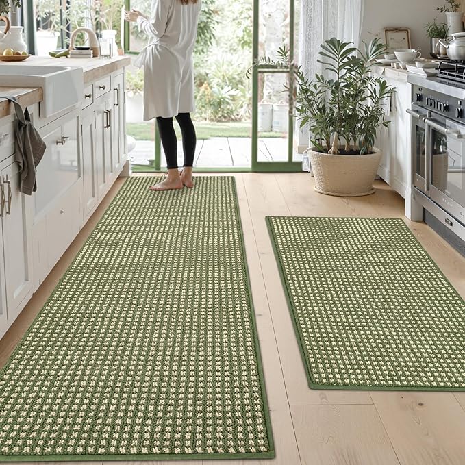 Kitchen Rugs,Non Slip Kitchen Mats for Floor-Thick Stain Resistant Kitchen Floor Mat Runner Carpet for Hallways Entryway Laundry Room Washable(24"x35"+24"x71",Green)