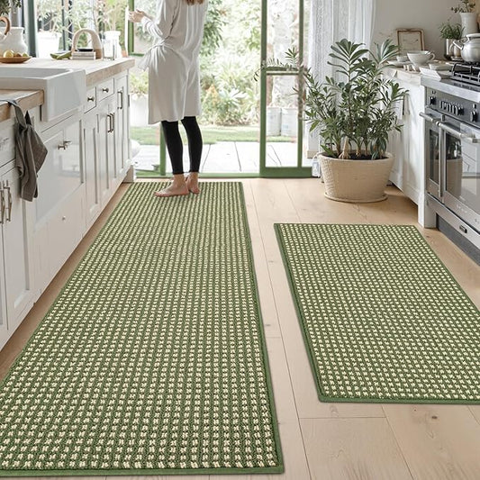 Kitchen Rugs,Non Slip Kitchen Mats for Floor-Thick Stain Resistant Kitchen Floor Mat Runner Carpet for Hallways Entryway Laundry Room Washable(24"x35"+24"x71",Green)