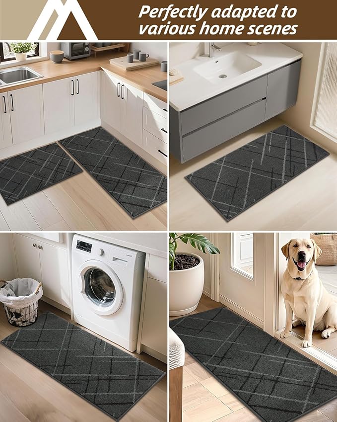 COSY HOMEER Kitchen Mats, 2 PCS Kitchen Rug Non Slip Washable, Absorbent Runner Rugs for Kitchen Floor, Polyester Kitchen Sink Rug 20"x32" + 20"x48"(Grey)