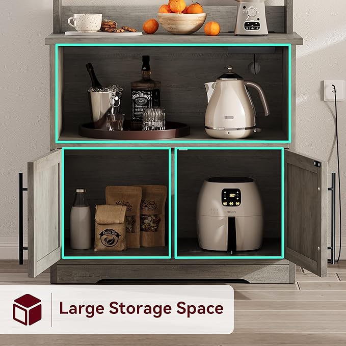 Garvee Farmhouse Bakers Rack with Power Outlets, Microwave Stand with Cabinet, Kitchen Hutch Pantry Cabinet, Kitchen Coffee Bar Cabinet for Spices, Dishes, and Pots, Gray