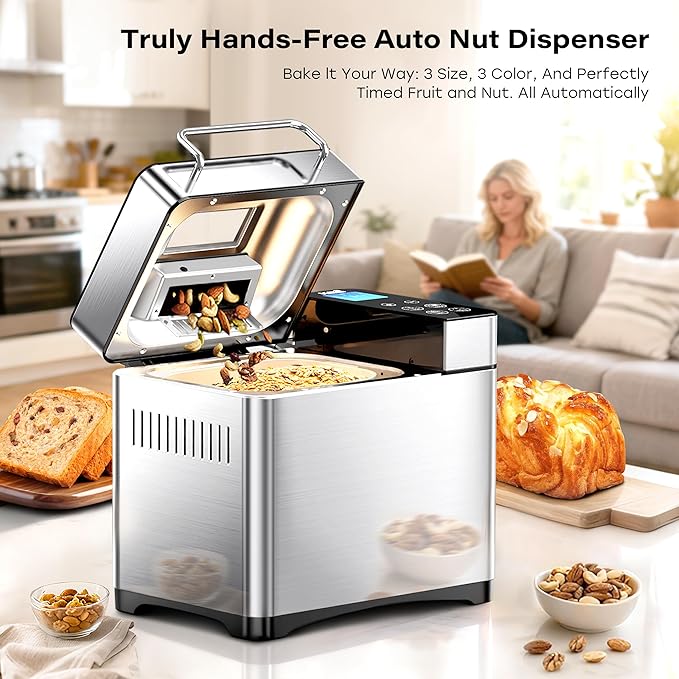 KBS Pro 710W Bread Maker, 2LB 17-in-1 Automatic Bread Machine with Healthy Ceramic Pan, Nut Dispenser, Tempered Glass Touch Panel, Stainless Steel Housing,3 Crust Colors, 15H Timer&Keep-Warm, Recipe