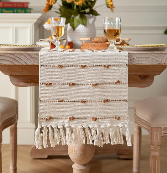 Caflife Boho Table Runner 90 Inchs Long for Modern Farmhouse Room Home Decor, Brown and Beige Coffee Table Runner, Natural Cotton Woven with Tassels Neutral, for Kitchen Dining Table Decor