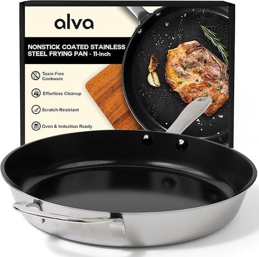 Alva Maestro 11-Inch Stainless Steel Nonstick Frying Pan – Made Without PFAS, PFOA & PTFE Ceramic Coating – Reinforced 5-Ply Aluminum Core, Oven & Induction Safe for Even Heat, Easy to Clean Coating