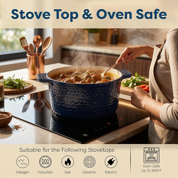 Gotham Steel Hammered 5 Qt Lightweight Dutch Oven Pot with Lid & Holders, Ceramic Non Toxic, Oven Safe & Even Heat Retaining Dutch Oven for Bread Baking Sourdough, Soup, 70% Lighter than Cast Iron