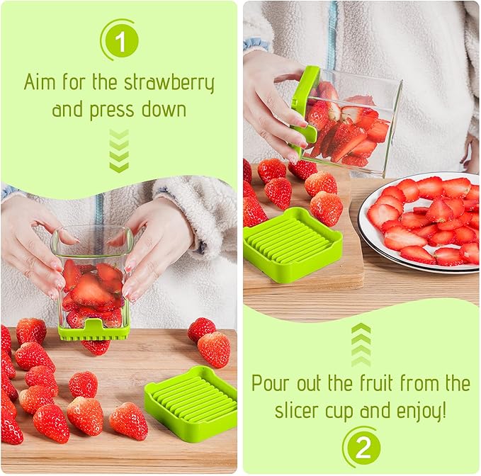 3-in-1 Strawberry Banana & Egg Slicer Cup | Detachable Fruit Cutter with Push Plate for Effortlessly Safe Slicing | Quick Meal Prep & Snacks Kitchen Gadget (Food green)