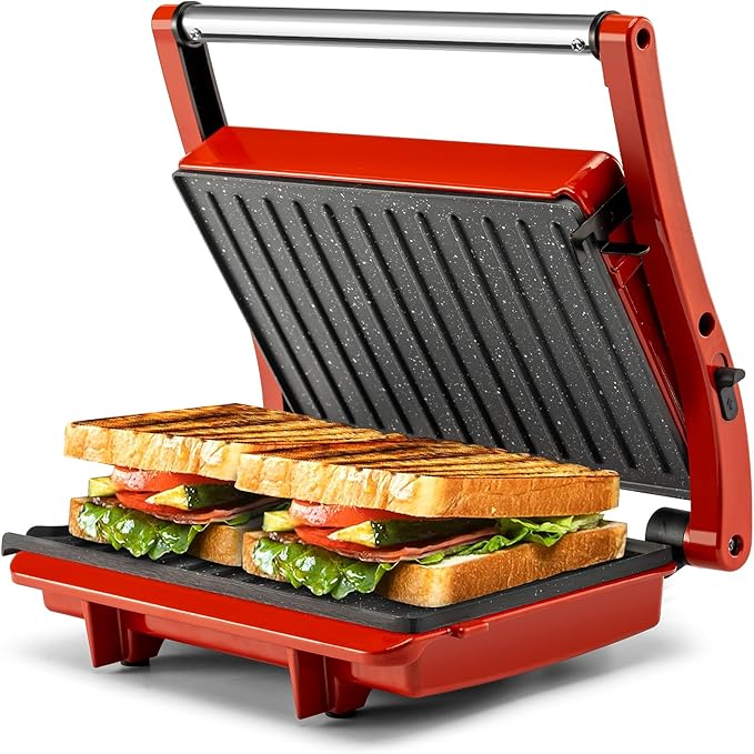 SUSTEAS Panini Press Sandwich Maker and 304 Stainless Steel Electric Indoor Grill, Easy Clean Nonstick Grids, Opens 180°/105° to Fit Any Type or Size of Food, Homemade BBQ, Red