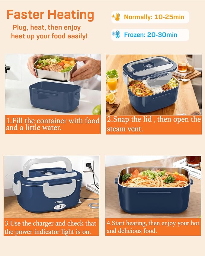 Electric Lunch Box Food Heater - 80W Fast Heating, 1.5L Heated Lunch Box Leak-Proof 304 Stainless Steel Portable Food Warmer, (12V/24V Car/Truck & 110V Home), Ideal for Work/Travel（Blue-white）