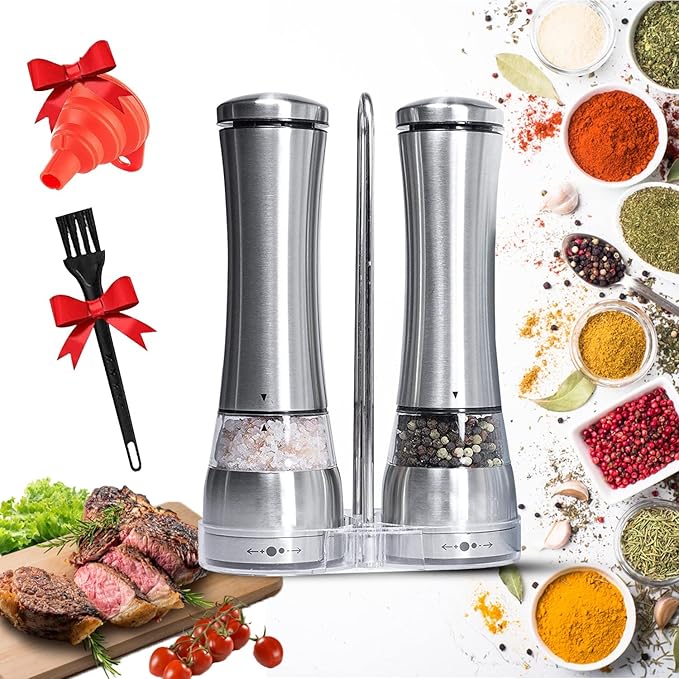 Electric Salt and Pepper Shakers – Adjustable Coarseness Electric Rechargeable Salt and Pepper Grinder Set – Battery Operated Pepper Mill and Salt Mill – Stainless Steel Electric Spice Grinder Set